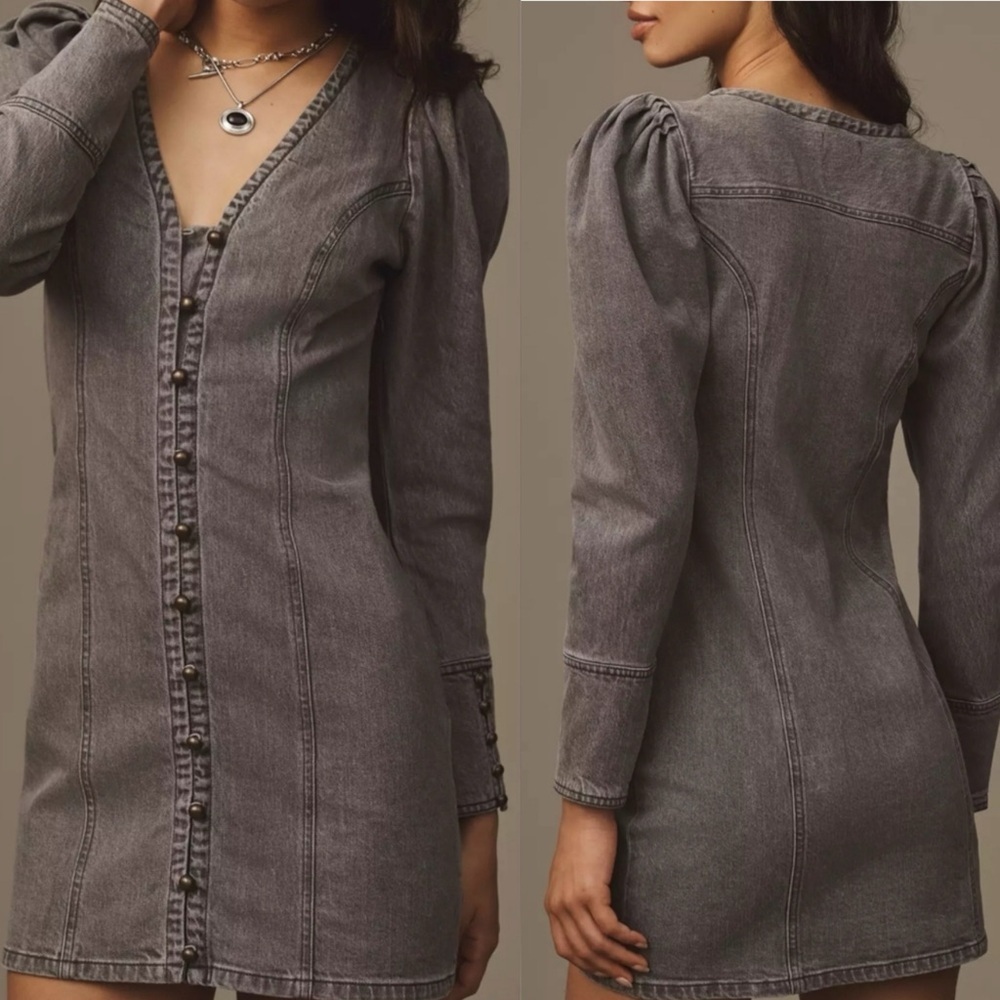 Anthropologie Pilcro Gray Puff Sleeve Denim Mini Dress - Picture 9 of 9